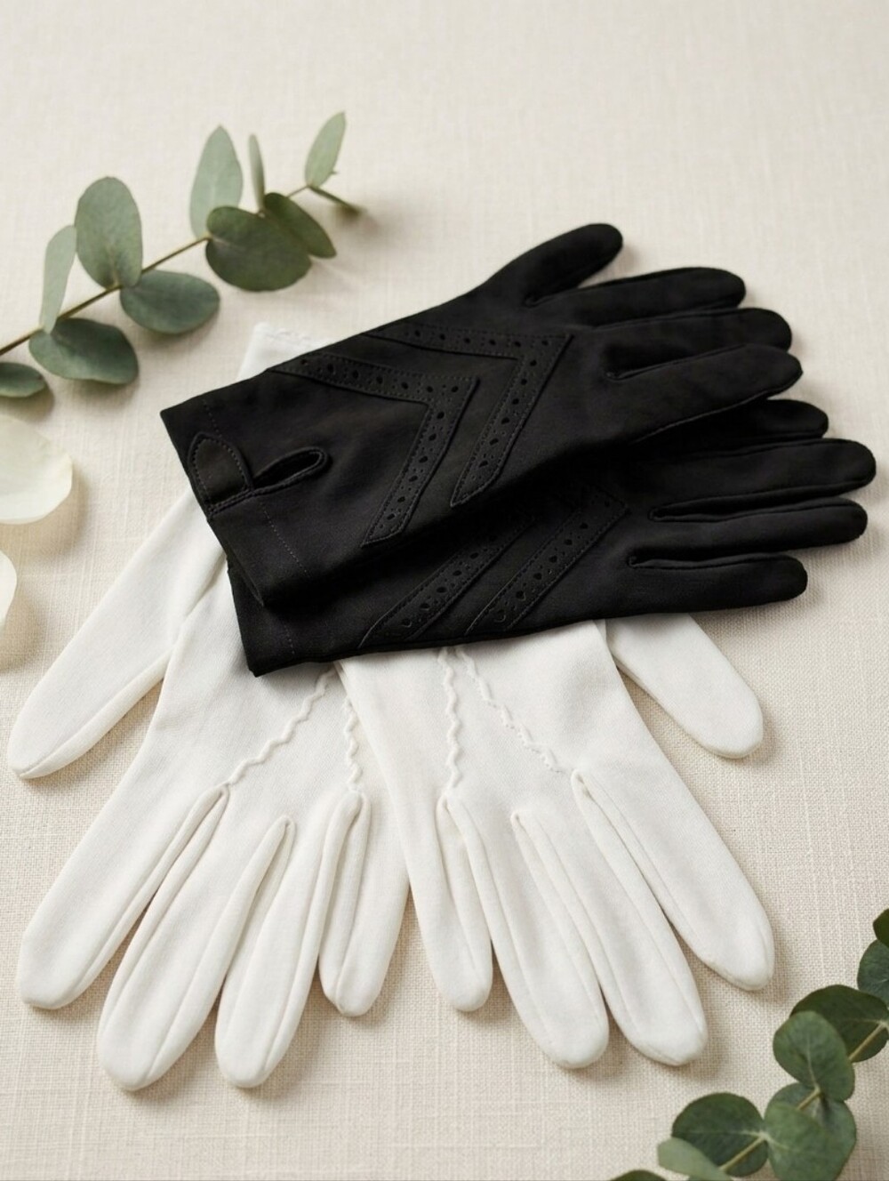 VTG 1950s/1960s Dress Gloves Two-Pair Lot Black Stitched & White Nylon Size 8